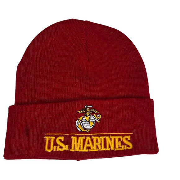 US Marines Red Beanie Hat With Yellow Embroidered Logo Windcatcher small mark - Picture 5 of 5